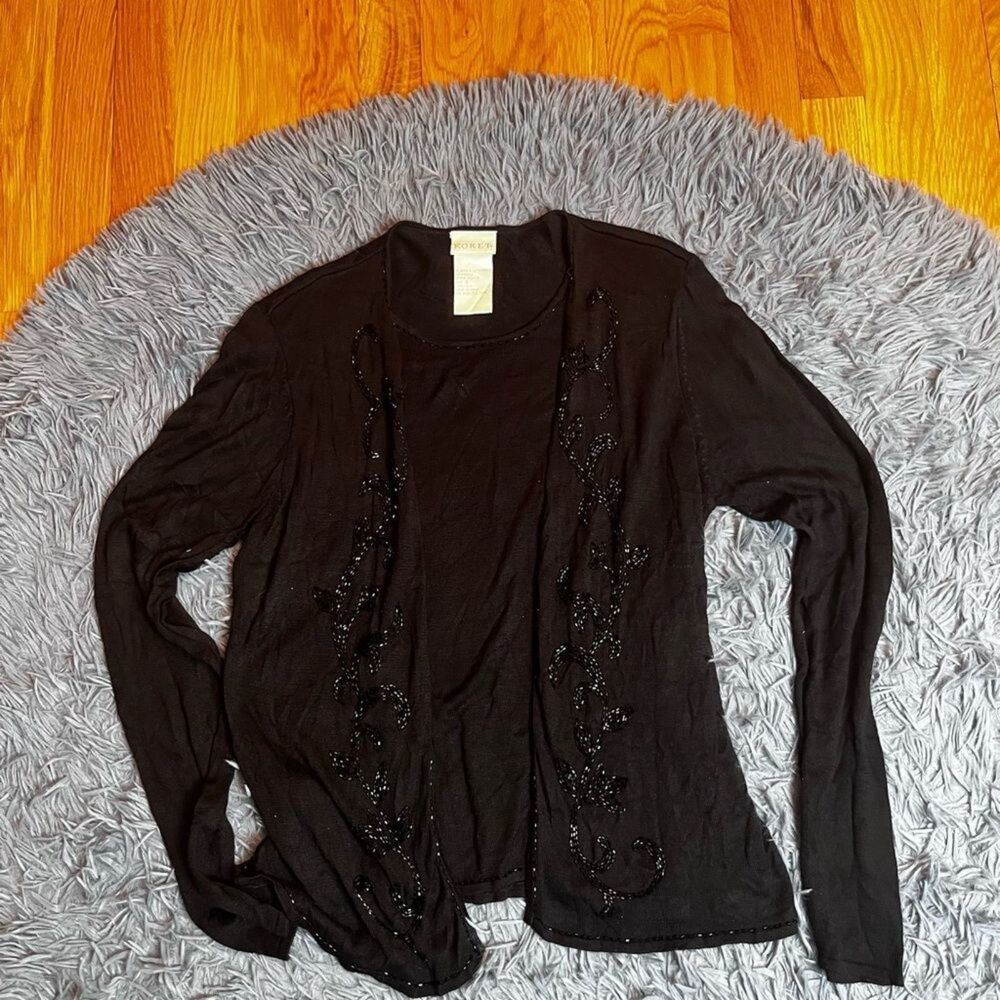 Vintage Koret Black Embellished Silk Cardigan Top Size S